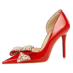 Women's Luxury Bowknot Pearl Rhinestone Patent Leather High Heels