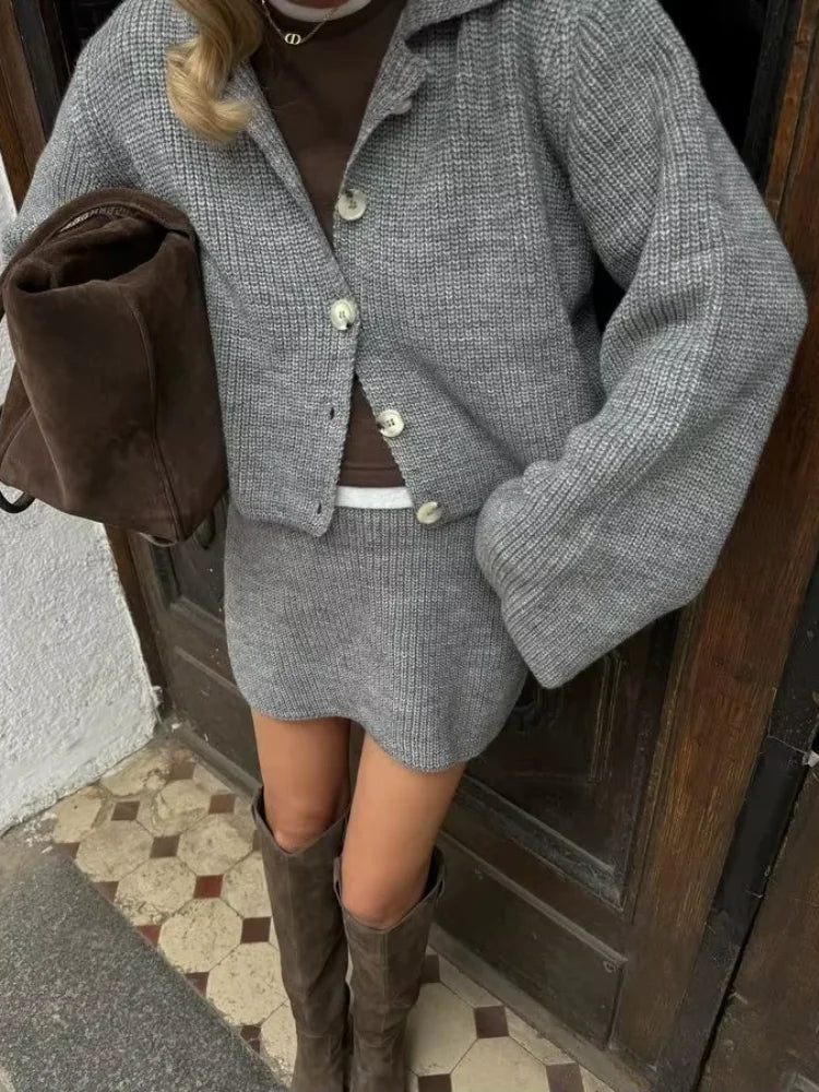 Knitted Skirts 2 Piece Set Women Fashion Lapel Flare Button Knitted Cardigan Top Mini Skirt Autumn Lady All-matching Outfit