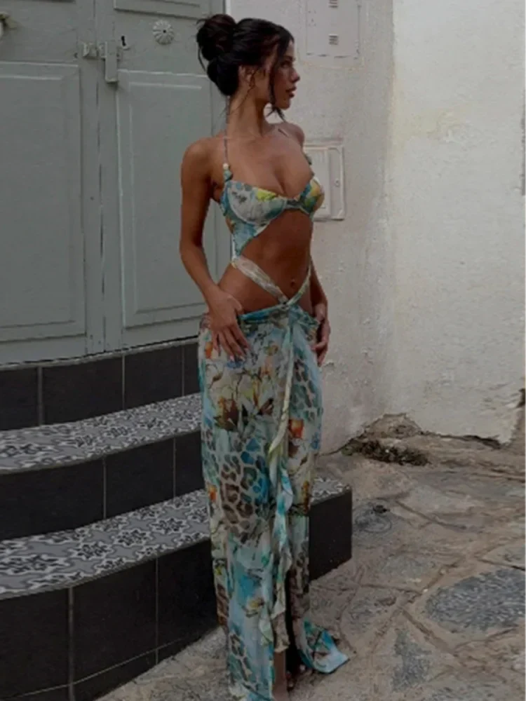 Halter Metal Ring Side Cut Out Abstract Print Maxi Dress