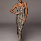 Print Cross Strap Plunging V-Neck Bodycon Midi Dress