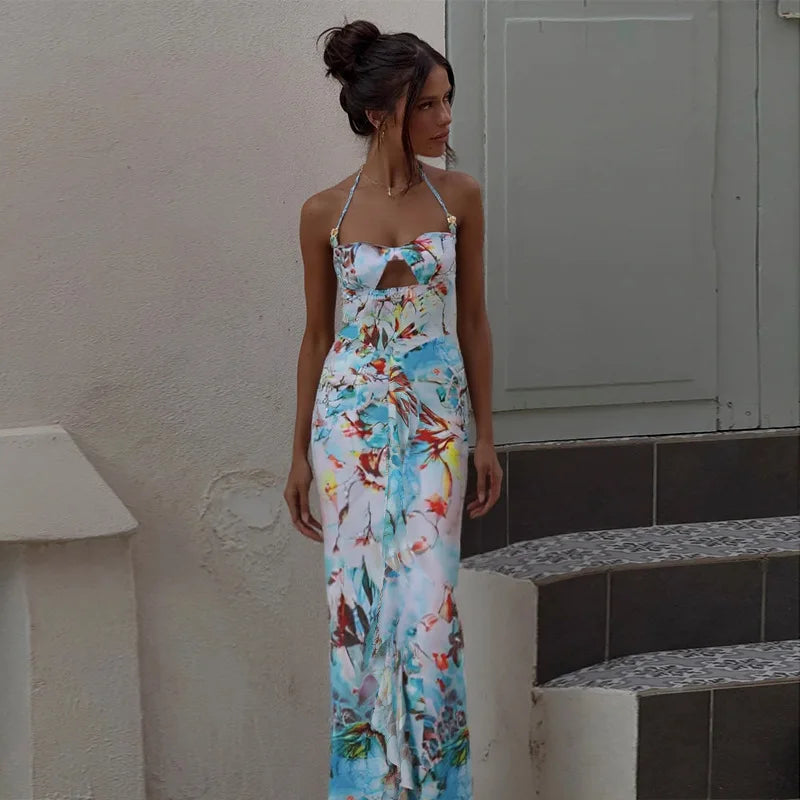 Abstract Print Halter Neck Bust Cut Out Ruched Waist Bodycon Maxi Dress