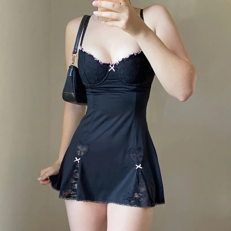 Lace Bustier Scalloped Trim Heart Applique Bow Accent A-Line Mini Dress