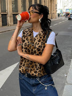 Leopard Print Pin Vest For Women V-Neck Sleeveless Fashion Hot Girl Cardigan Top Female Autumn New Slim Fit Short Vest