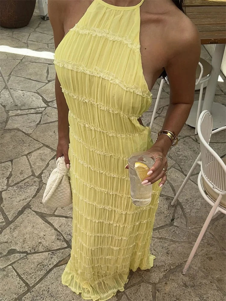 Plissé Halter Neck Tiered Lace Trim Bodycon Maxi Dress