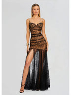 Strapless Lace Corset Tiered Ruffle High Split Maxi Dress
