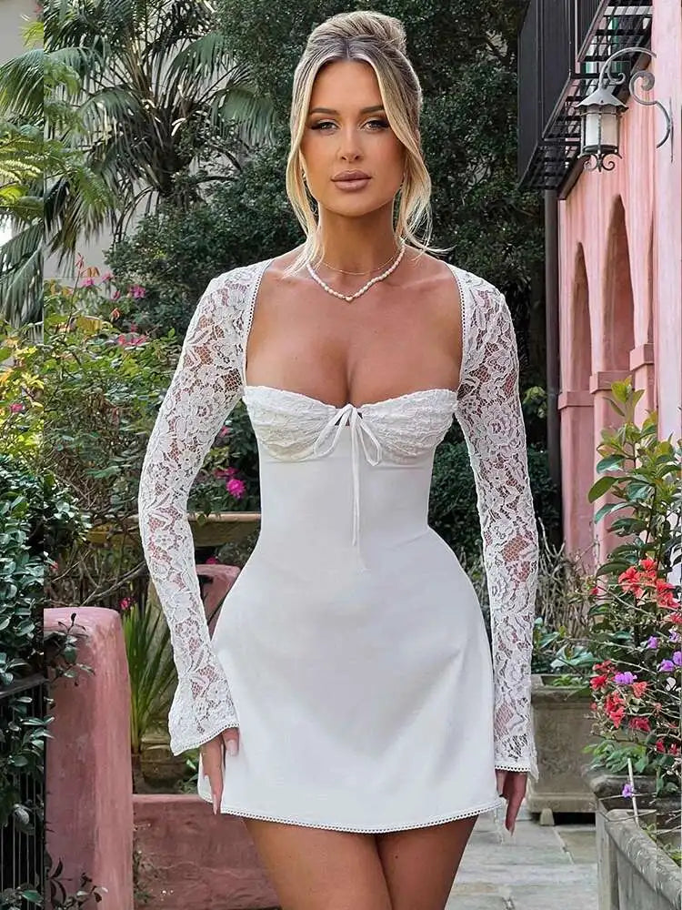 Lace Long Sleeve Open Back Lace Up Smocked Corset Back Mini Dress