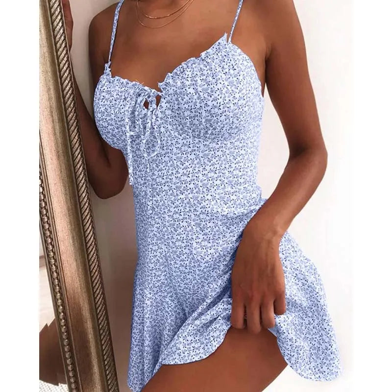 Ditsy Floral Sweetheart Lace Up Tie Front Ruffle Mini Dress