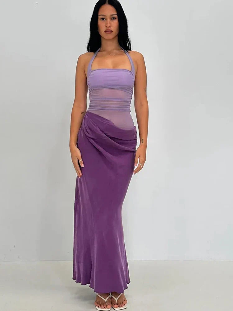 Halter Neck Mesh Ruched Sarong Wrap Drape Maxi Dress