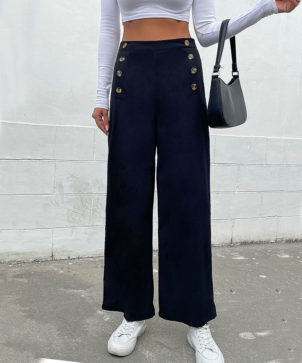 DressBetty - Black Double Button Wide Leg Pants
