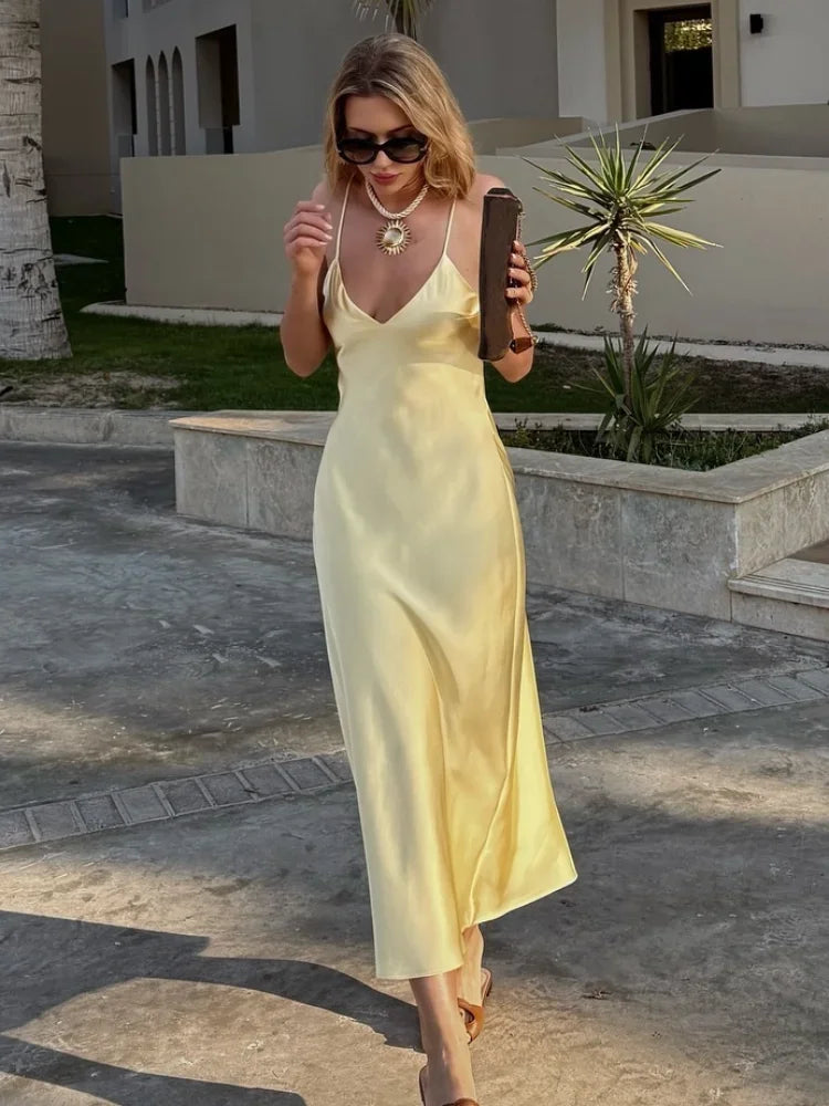 Satin Spaghetti Strap Deep V-Neck Slip Maxi Dress