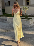 Satin Spaghetti Strap Deep V-Neck Slip Maxi Dress