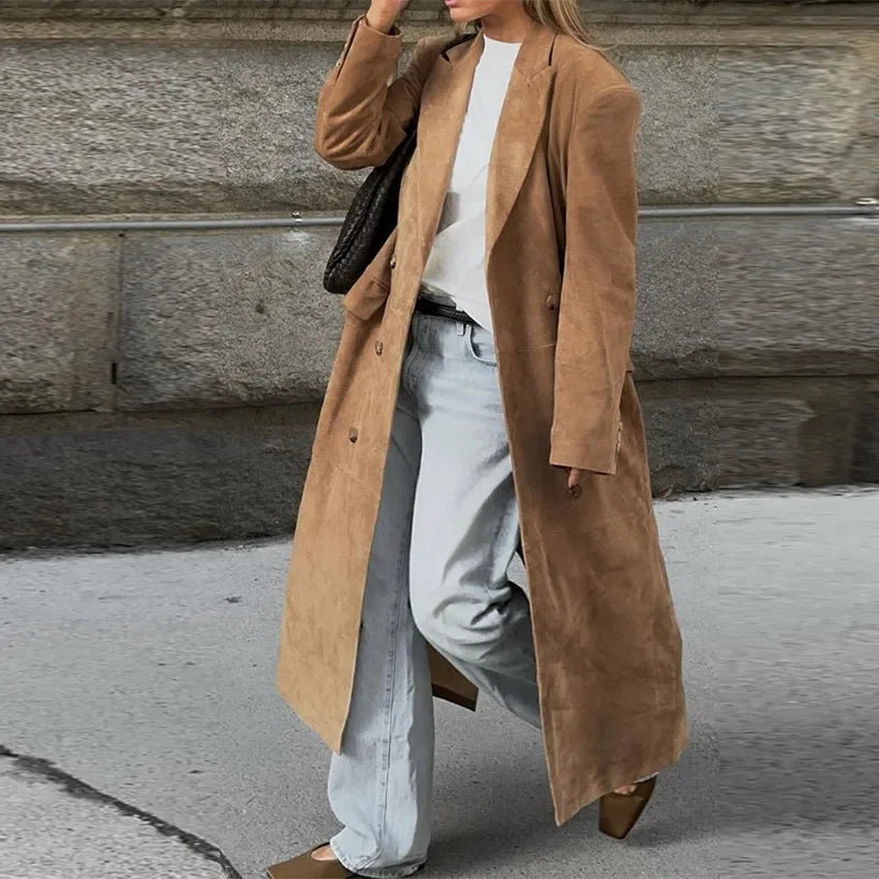 Casual Solid Long Women Streetwear Long Sleeve Turn-down Collar Double Breasted Female Coat 2025 Autumn Fashion Lady Jacket New