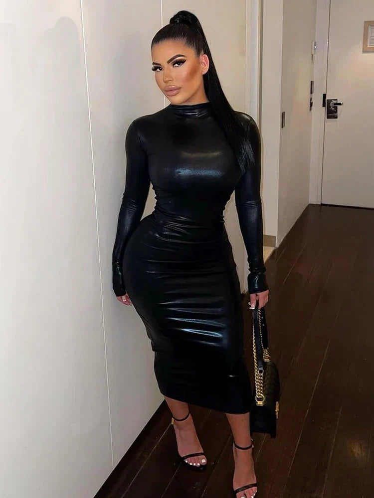 Mock Neck Long Sleeve Glossy Faux Leather Bodycon Maxi Dress