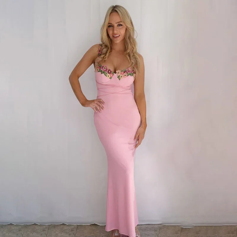 Sweetheart Floral Embroidery Strap Corset Waist Lace-Up Tassel Bodycon Midi Dress