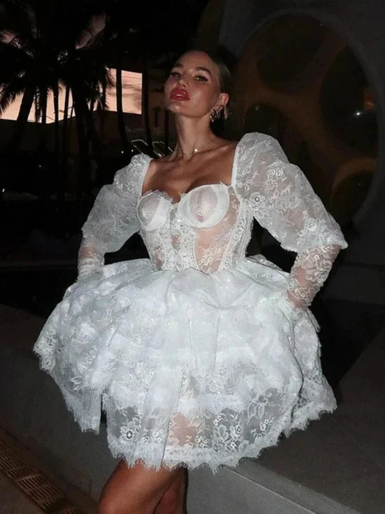 Floral Lace Corset Bustier Puff Sleeve Tiered Ruffle Mini Dress