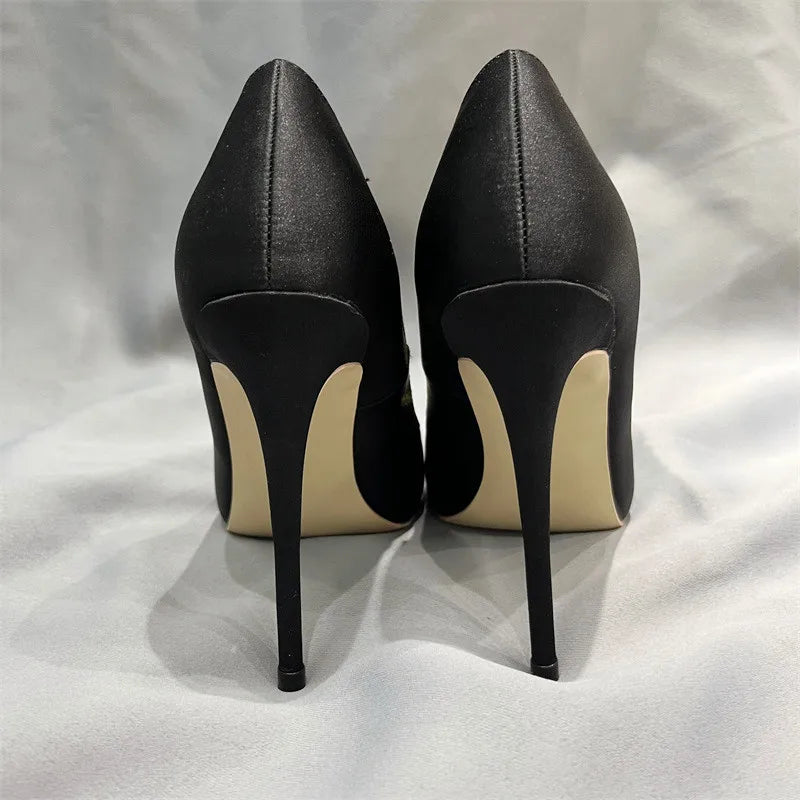 Black Satin Pointy Toe High Heel Shoes with Glitter Diamante Square Detail