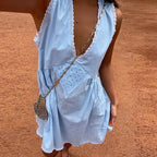 V-Neck Lace Inset Eyelet Panel Gathered Babydoll Flare Mini Dress