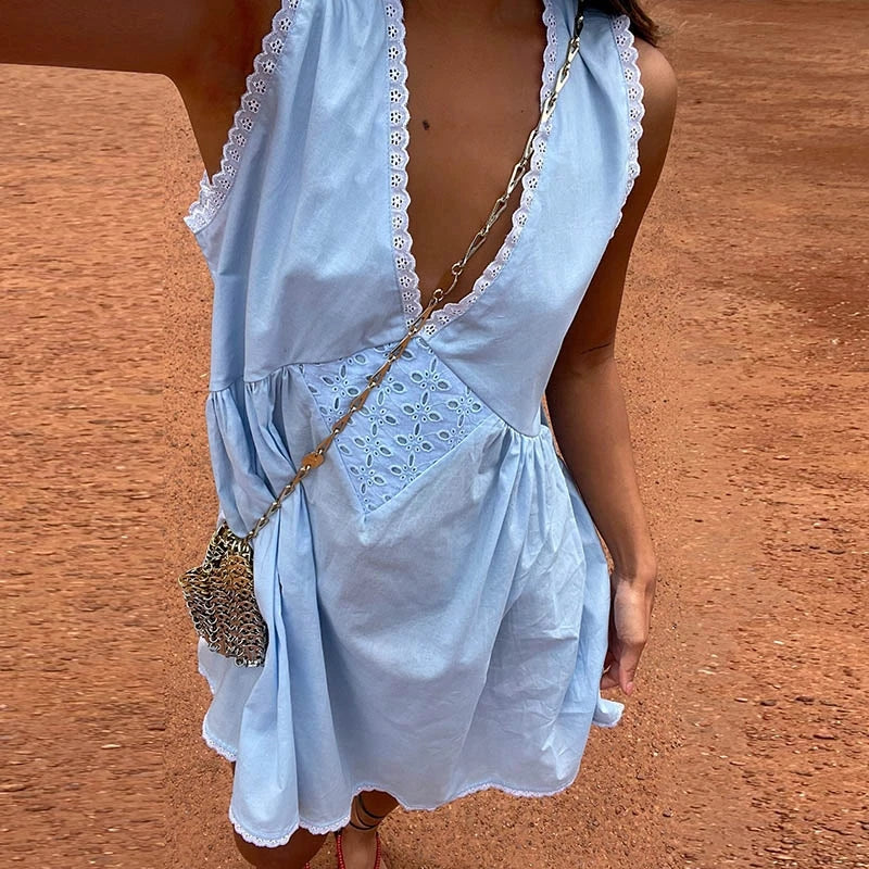 V-Neck Lace Inset Eyelet Panel Gathered Babydoll Flare Mini Dress