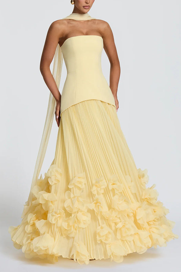 Serafina Strapless Back Lace-up Handcrafted Floral Appliqués Pleated Hem Gown Maxi Dress
