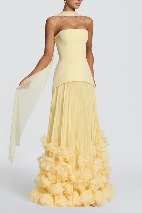 Serafina Strapless Back Lace-up Handcrafted Floral Appliqués Pleated Hem Gown Maxi Dress