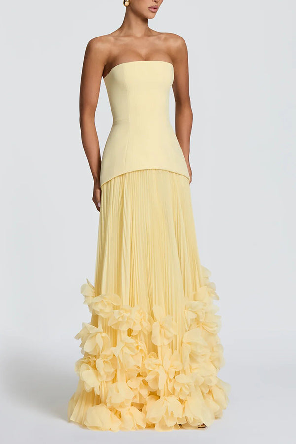 Serafina Strapless Back Lace-up Handcrafted Floral Appliqués Pleated Hem Gown Maxi Dress
