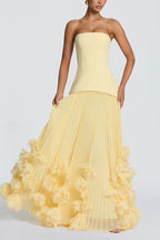Serafina Strapless Back Lace-up Handcrafted Floral Appliqués Pleated Hem Gown Maxi Dress