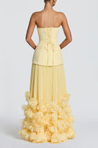 Serafina Strapless Back Lace-up Handcrafted Floral Appliqués Pleated Hem Gown Maxi Dress