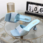 Summer Blue Denim Rhinestone Women's Slippers with 7CM Heel