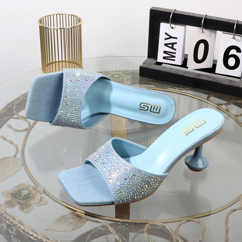 Summer Blue Denim Rhinestone Women's Slippers with 7CM Heel