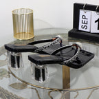 Women's Rhinestone Square Toe Flip Flops with Transparent Thick Heel