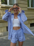 Drawstring Short Pants Sets 2024 New Summer Long Sleeve Pocket Irregular Blouse+Shorts Outfits Streetwear Casual Two-piece Set