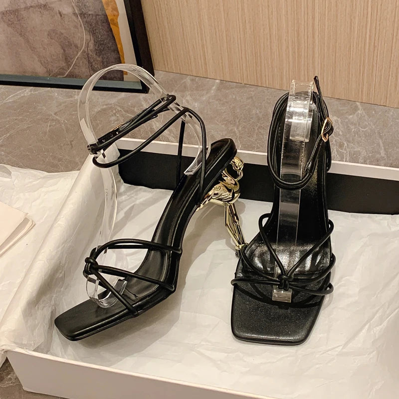 Narrow Band Square Toe Sandals with Ankle Buckle Strap High Heels for Women