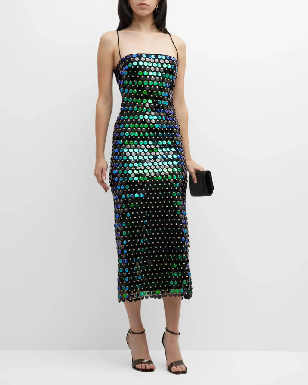 Large Sequin Disk Spaghetti Strap Square Neck Column Midi Dress