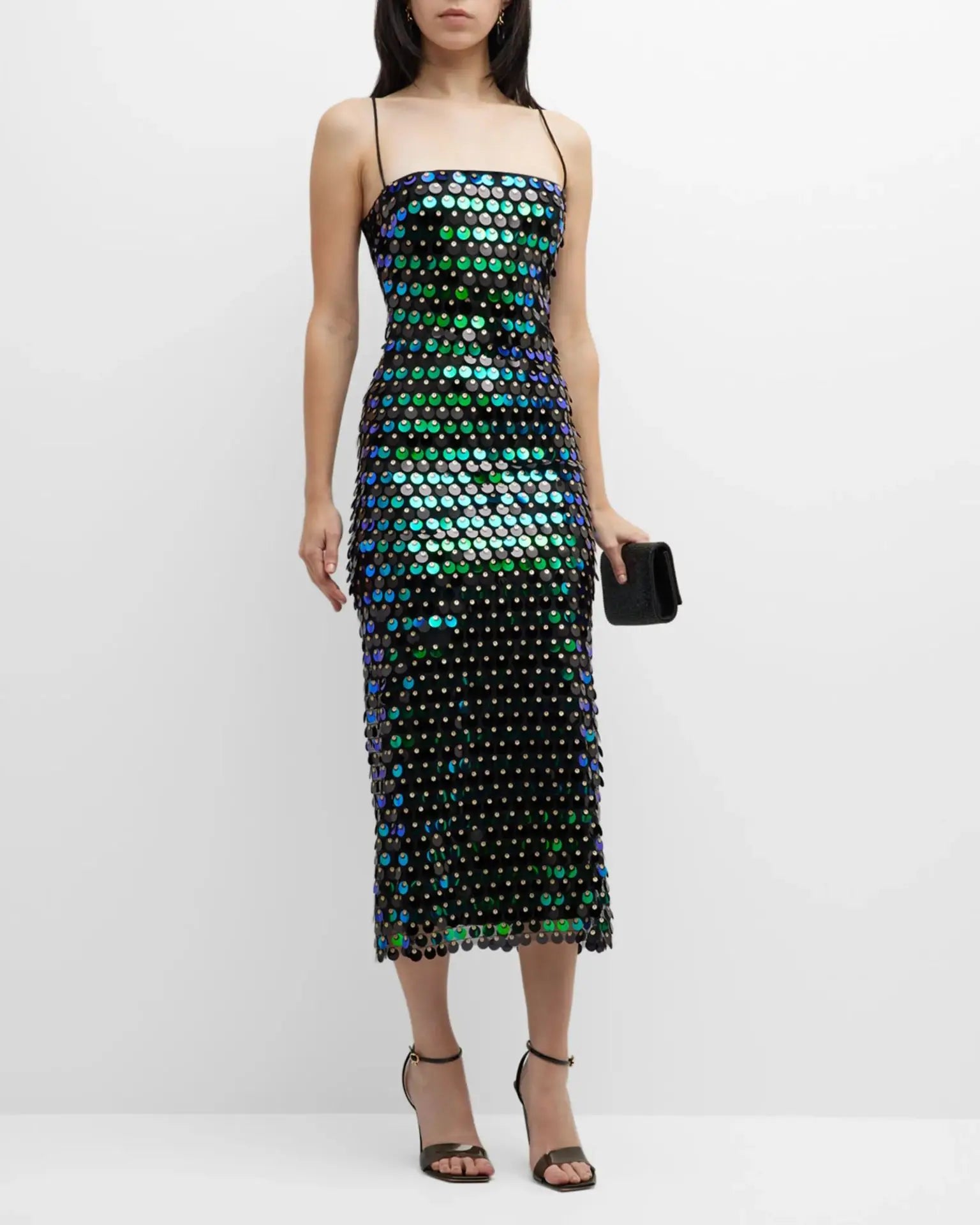 Large Sequin Disk Spaghetti Strap Square Neck Column Midi Dress