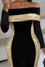 Sequin Off Shoulder Midi Dress with Slit