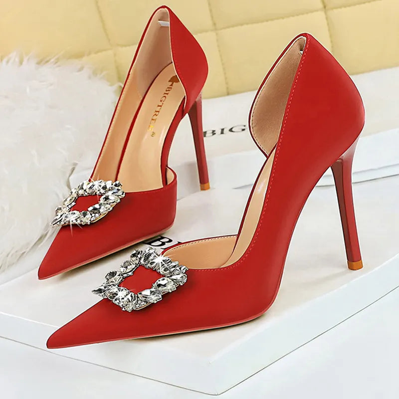 Wine Red 10.5cm Heels Metal Rhinestone Woman Pumps Luxury Banquet Shoes