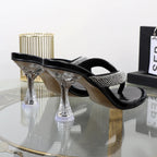 Autumn flip flops with transparent high heels and rhinestone embellishments for women's outdoor wear.