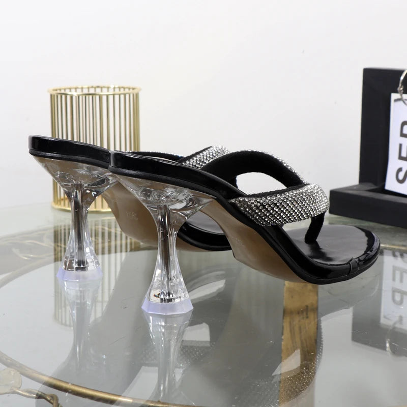 Autumn flip flops with transparent high heels and rhinestone embellishments for women's outdoor wear.