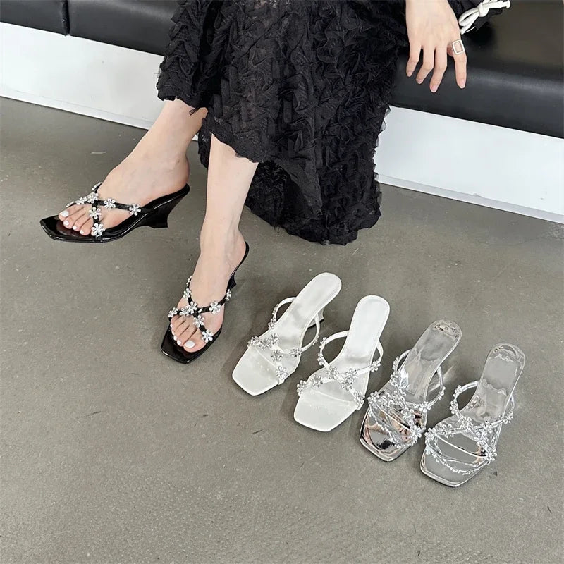 Crystal Flower Square Toe Women Slippers with Designer Wedge High Heels for Summer