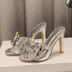 Gold Silver Pointed Toe Women Slippers with Butterfly-knot Thin High Heels