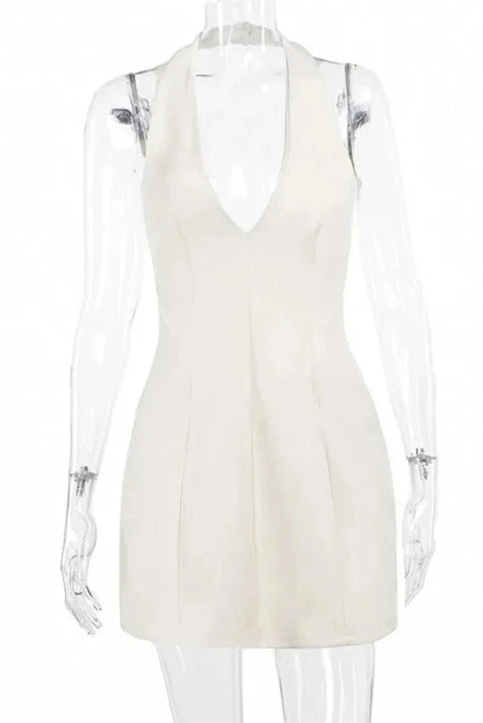 V-Neck Backless Patchwork Mini Dress with High Waist