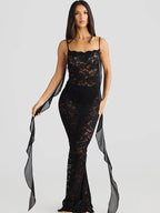 Lace Backless 3D Rosette Ruffle Streamer Midi Dress