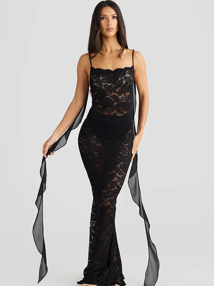 Lace Backless 3D Rosette Ruffle Streamer Midi Dress