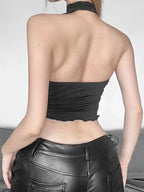 Asymmetrical Lace-Up Black Sheer Top