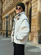 Plush Stand Collar Jackets Coat Women Vintage Lambwool White Single-Breasted Pockets Jacket Female Autumn High Street Outwear