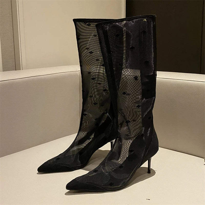 Mesh Knee-High Boots with Thin Heels and Pointed Toe Zipper Sandals