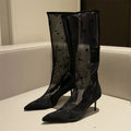 Mesh Knee-High Boots with Thin Heels and Pointed Toe Zipper Sandals