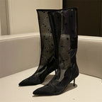 Mesh Knee-High Boots with Thin Heels and Pointed Toe Zipper Sandals