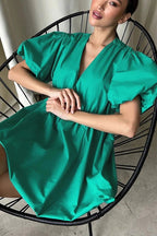V-Neck Short Sleeves Mini Dress with Elastic Waist