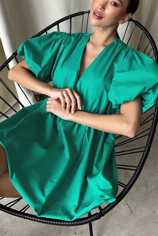 V-Neck Short Sleeves Mini Dress with Elastic Waist